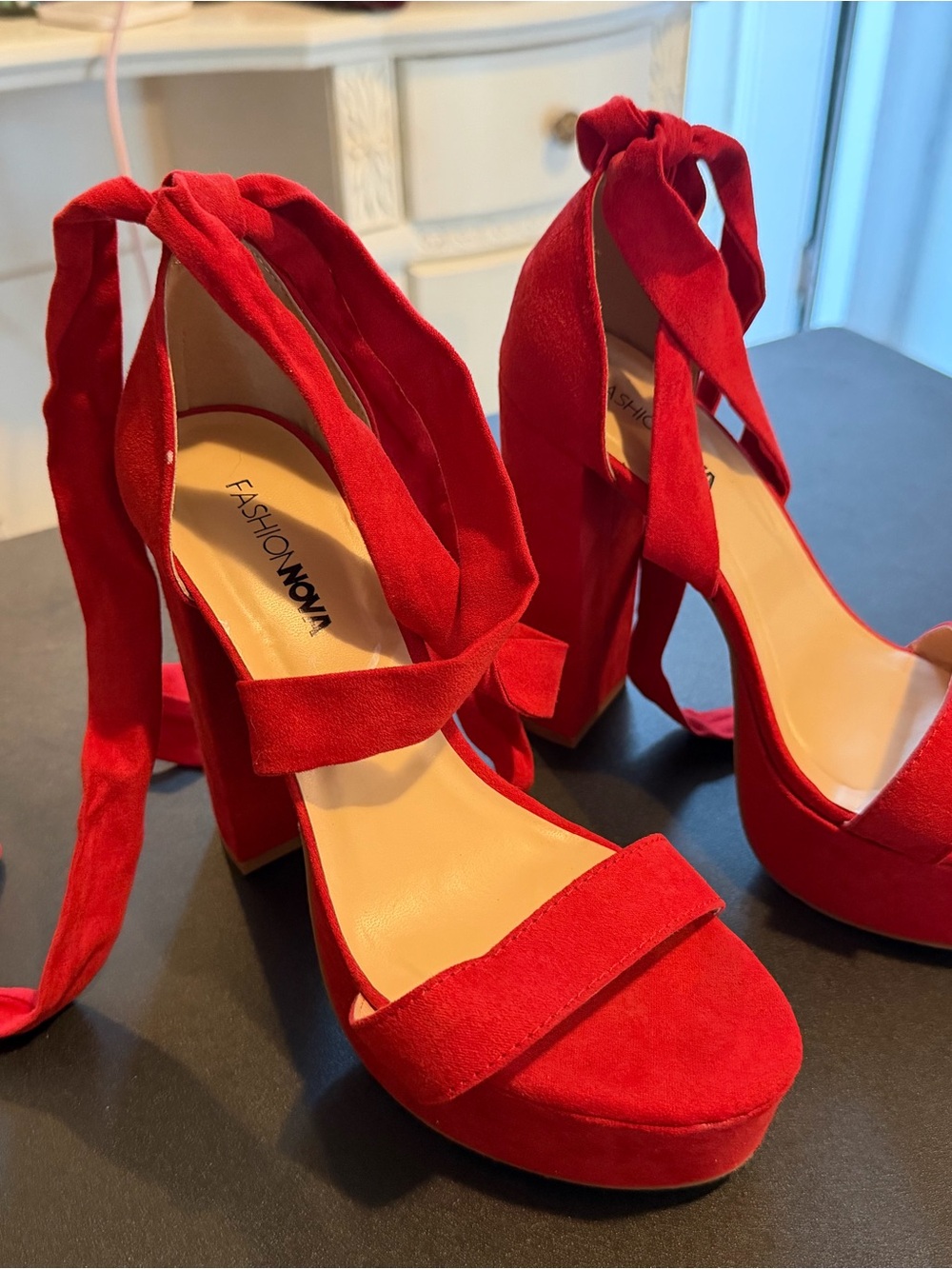 Fashion Nova Red Suede Platform Ankle-Tie Block Heels